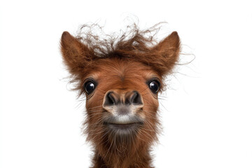A playful young horse with a fluffy mane, showcasing its unique personality and charm against a clean white background.