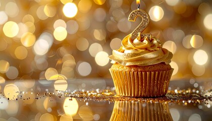 Golden cupcake with a glowing number two candle on a sparkling surface, perfect for celebrations