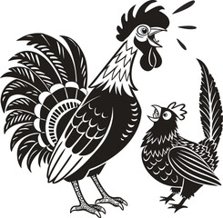Rooster crowing with hen. stylized vector illustration of farm birds.