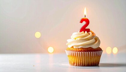 Glowing red number two candle on a beautifully frosted cupcake, symbolizing a second birthday or anniversary with a warm, festive bokeh backdrop