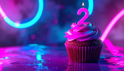 A delicious cupcake with a lit candle shaped like the number two, set against a vibrant neon backdrop