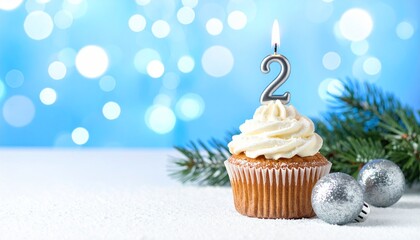 Festive Cupcake with Lit Number Two Candle, Frosting, and Decorations