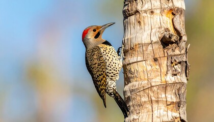 A vibrant woodpecker perched on a weathered tree trunk