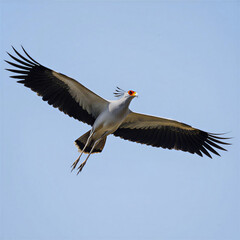 Fototapeta premium Majestic secretarybird soars gracefully against a clear blue sky with wings outstretched