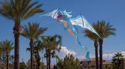 A vibrant blue dragon kite soars amidst palm trees against a clear sky