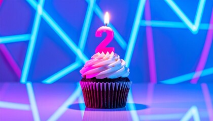 Cupcake Celebration A Festive Birthday Treat with Number Two Candle and Neon Lights