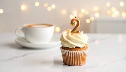 Sweet Celebration Delicious Cupcake with a Glowing Number Two Candle for a Special Day