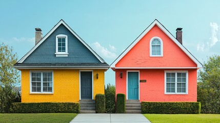 Two colorful houses with blue and orange roofs and yellow and blue siding, standing side by side on a grassy lawn with a blue sky in the background.