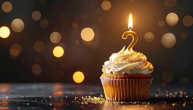 Celebratory Cupcake A Golden Number Two Candle Shines Brightly, Marking a Special Second Anniversary