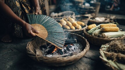 Woman using a fan over a charcoal fire, surrounded by baskets of cooked corn