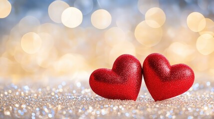 Two red hearts on festive glitter with magical bokeh, handmade texture adds intimacy and charm