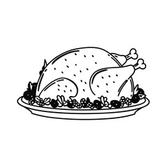 Roasted turkey on a platter with garnish line art outline illustration