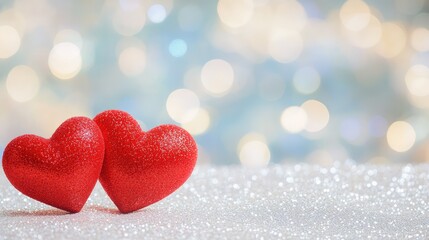 Two red hearts on festive glitter with magical bokeh, handmade texture adds intimacy and charm