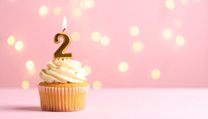 Delicious Birthday Cupcake with Number Two Candle for Celebration and Festive Moments