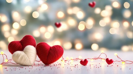 Valentine setting with yarn hearts and glittery bokeh, cozy handcrafted aesthetic for seasonal imagery