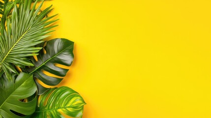 Vibrant green tropical leaves placed over bold yellow background, perfect for modern wall art or design
