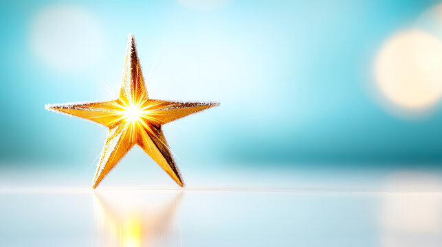 A shimmering golden star radiates light against a soft blue background, symbolizing achievement, hope, and inspiration.