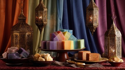 Colorful cubed soaps, displayed on a tiered stand, amidst ornate lanterns and draped fabrics
