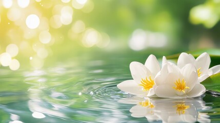 White petals float gently on calm water, with soft bokeh background, symbolizing purity and relaxation, ideal for spa or wellness themes
