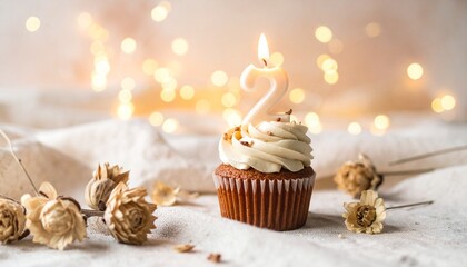 Elegant Birthday Celebration Cupcake with Candle Number Two, Rustic Charm and Dried Flowers