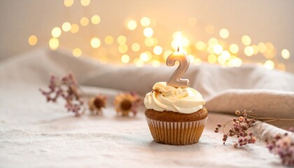 Enchanting second birthday celebration captured with a glowing number two candle atop a delicious cupcake, set against a backdrop of soft, blurred golden bokeh lights creating a magical atmosphere