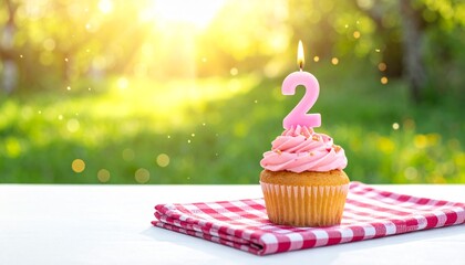 Celebrate Second Birthday Cupcake with Number Two Candle on Checkered Cloth