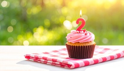 A delicious cupcake with pink cream frosting, adorned with sprinkles and a lit '2' candle, sits on a checkered cloth on a table with a blurred green background