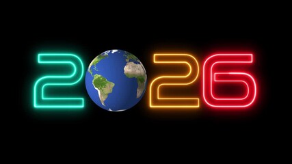 Year 2026 representing the future of global business, worldwide trends, future technology and happy new year festival. Abstract 2026 neon text animation with earth globe icon. - Powered by Adobe