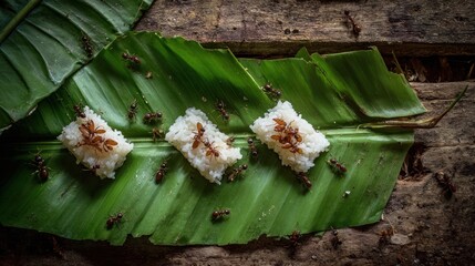 Small, white rice cakes on banana leaf, ants