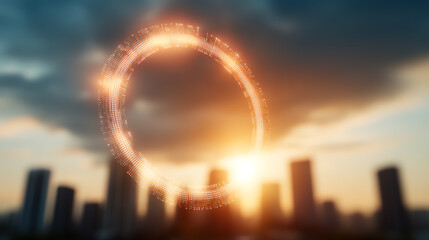 Fototapeta premium A stunning view of urban skyline at sunset, showcasing a beautiful circle of light amidst dramatic clouds and towering structures.