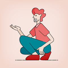 Line art illustration of a man squatting to ask for something. Can be used for banners, ads, brochures and website pages