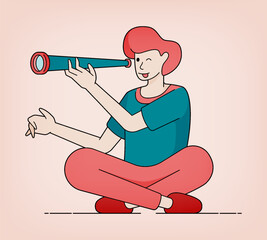 Line art illustration of a man seeking opportunities with the metaphor of holding binoculars. Can be used for banners, ads, brochures and website pages