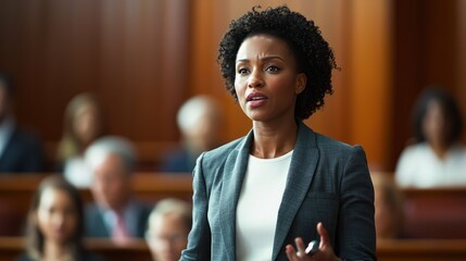 A woman in a courtroom, addressing the jury.