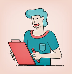 Line art illustration of a man filling out a survey and feedback questionnaire. Can be used for banners, ads, brochures and website pages