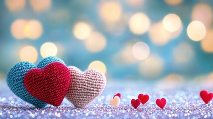 Yarn hearts side by side on glitter surface, blurred lights in background enhance warm romantic feeling