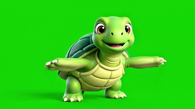 Cute baby turtle cartoon with open arms on green screen background
