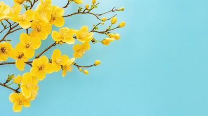 Yellow floral branch against calm blue, vivid and clean composition for nature-inspired graphic design