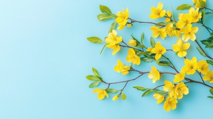 Yellow floral branch against calm blue, vivid and clean composition for nature-inspired graphic design