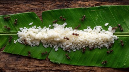 Small ants on a bed of rice on a banana leaf