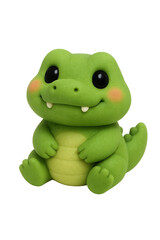 Obraz premium Cute green crocodile figurine sitting upright with a cheerful expression, showcasing its playful charm and miniature size on a clean white surface.