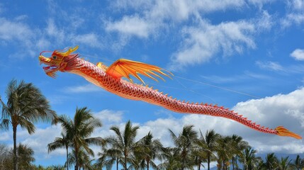 Colorful dragon kite soaring high above palm trees against a vibrant blue sky
