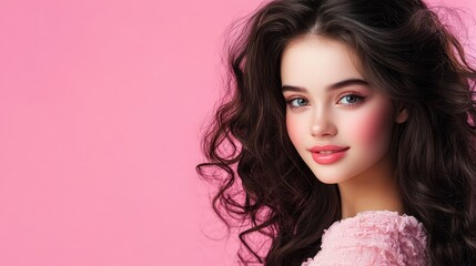 Youthful teen model with elegant waves, surrounded by pink background for beauty, fashion, or editorial use