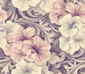 Elegant floral pattern with soft pastel colors featuring intricate swirls and blooming flowers, perfect for textile or wallpaper design inspiration.