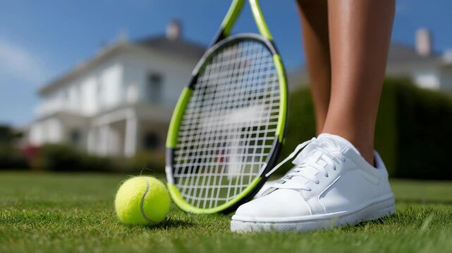 Sunny day tennis: closeup focus on racket and ball on grass court