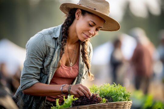 Woman wearing a straw hat carefully examines fresh leafy greens harvested in a woven basket outdoors.