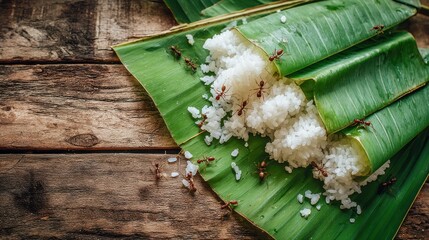 Rice wrapped in banana leaves, ants crawling