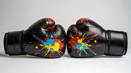 Pair of black boxing gloves covered in vibrant multicolored paint splatters, symbolizing fight, competition, and art.