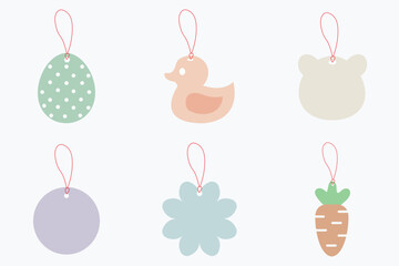 set of easter tags.  Easter labels with hanging thread vector illustration.