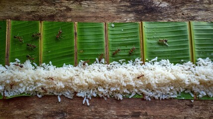 Ants on banana leaves with rice