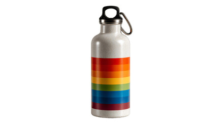 Reusable steel water bottle with colorful rainbow stripes isolated on white background,highlighting eco-friendliness and helping to maintain body hydration for healthy lifestyle, plastic free life